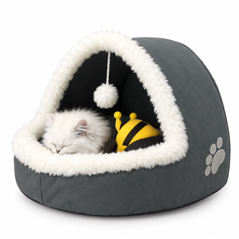 Dark Gray Cat Cave Bed with White Faux Fur Trim, Hanging Pom-Pom Toy & Cute Bee Plush 