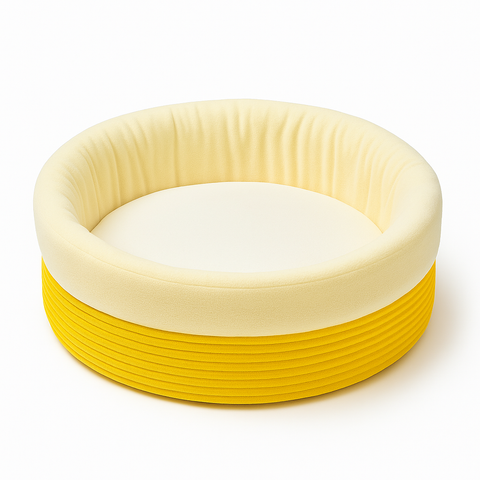 Round inflatable chair with yellow and beige colors on a white background