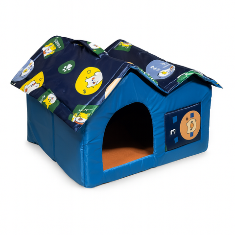 Blue pet house with cartoon character design on a white background