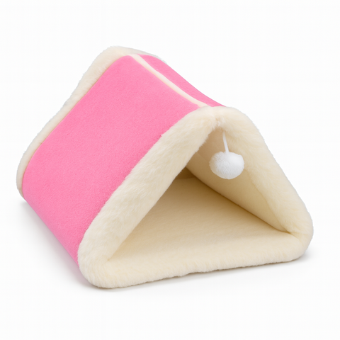 Pink and beige pet tent with a white ball on a white background