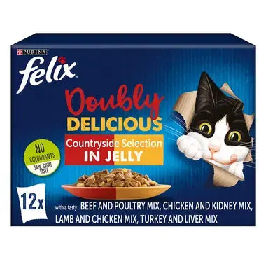 Felix Doubly Delicious cat food packaging with a cat illustration on a blue background