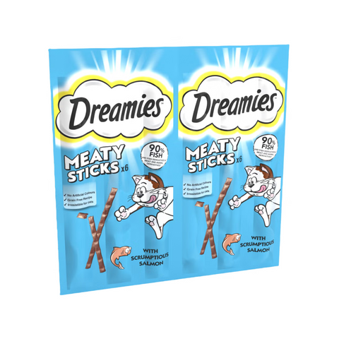 Packaging of Dreamies Meaty Sticks cat treats on a white background