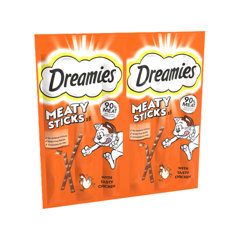 Pack of Dreamies Meaty Sticks cat treats on an orange background