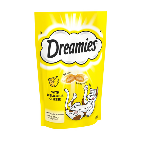 Yellow package of Dreamies cat treats with a cartoon cat and cheese illustration on a white background