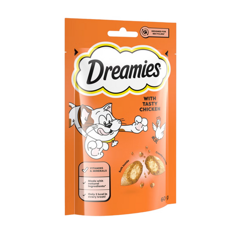 Dreamies cat treat package with chicken flavor on an orange background