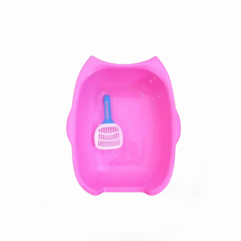 Pink plastic litter box with a blue scoop on a white background