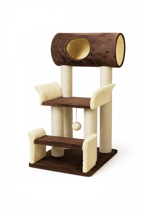 Cat tree with wooden platforms and beige cushioned areas on a white background