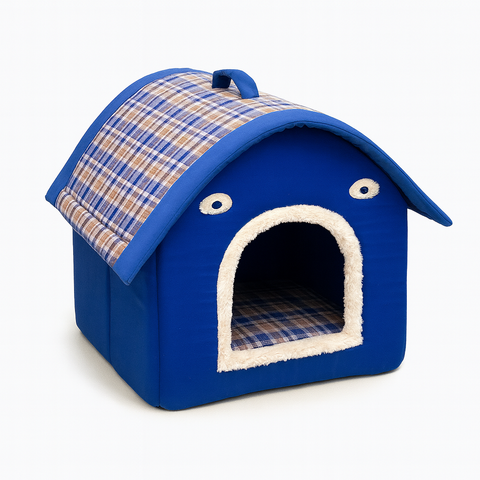 Blue pet house with plaid pattern on a white background