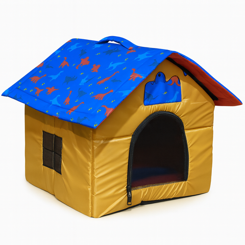 Dog house with blue roof featuring red dog patterns on a white background