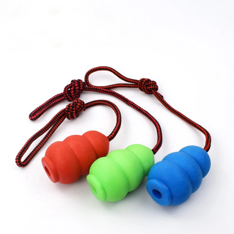 Three colorful rubber dog toys with red, green, and blue on a white background