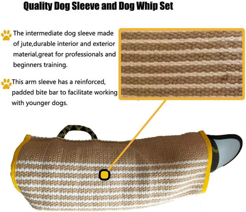 Dog sleeve and dog whip set with jute material and reinforced bite bar, on a white background.