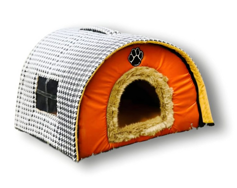 Pet house with orange interior and checkered exterior on a white background