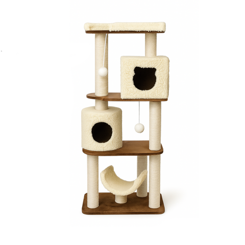 Cat tree with dimensions labeled on a white background