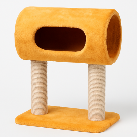 Orange cat tree with a cylindrical platform and sisal-wrapped posts on a white background