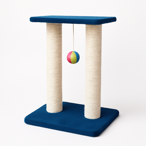 Cat tree with blue platform and beige pillars featuring a colorful ball on a white background