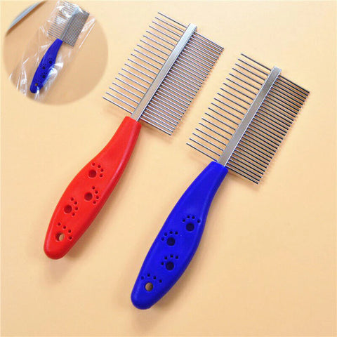 Two pet grooming combs, one red and one blue, on a beige background.