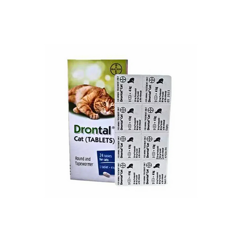 Drontal cat tablets packaging with a cat on the box on a white background