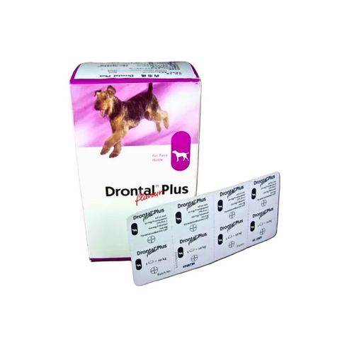 Drontal Plus packaging for pets with a dog illustration on a white background