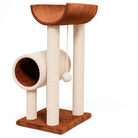 Cat tree with brown and beige colors on a white background
