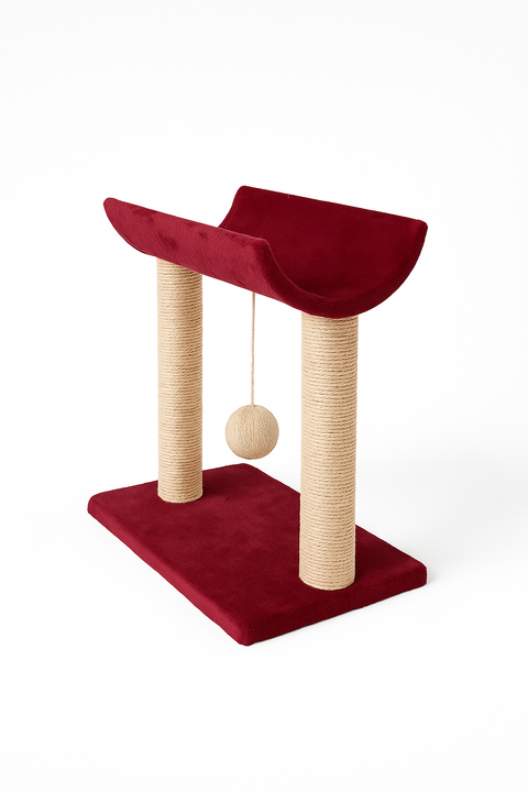 Red cat tree with scratching posts and a hanging ball on a white background