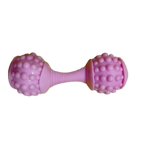 Pink dog toy with a textured surface on a white background