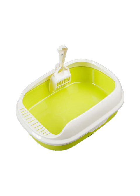 Green and white pet litter box with scoop on a white background