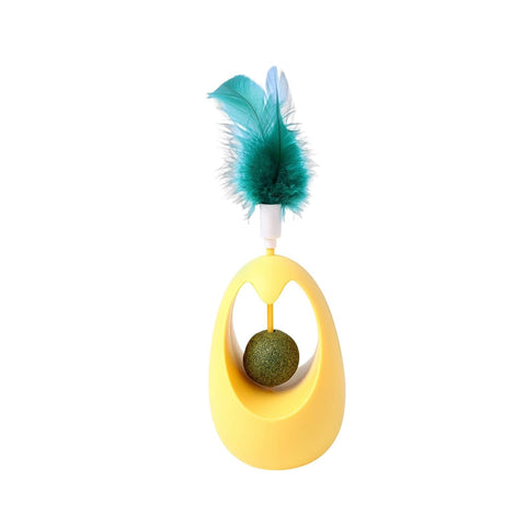 Yellow cat toy with a green ball and teal feather on a white background