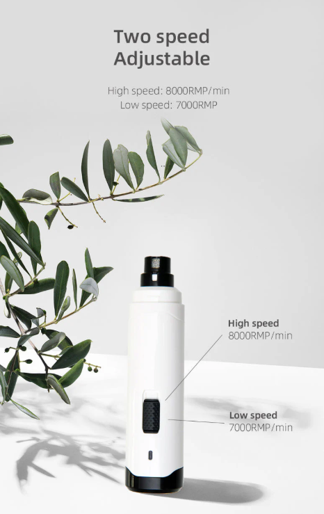 White and black device with green leaves on a light gray background