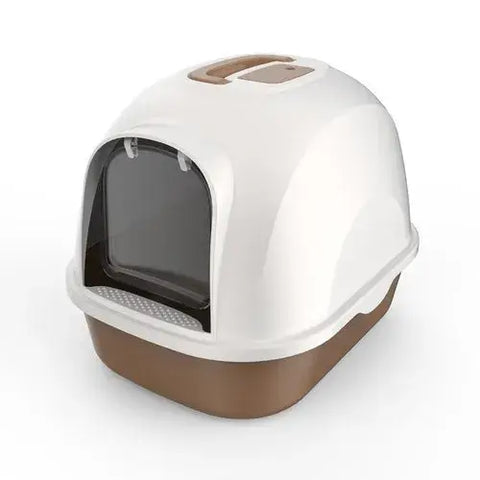 Pet litter box with a white top and brown base on a white background