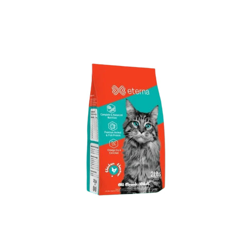 Cat food package with a cat on the label against a white background