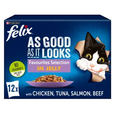 Felix cat food packaging with a cat illustration on a white background