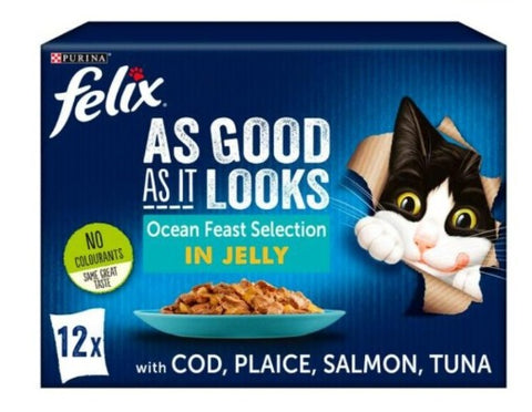 Felix cat food packaging with a cat peeking over the corner