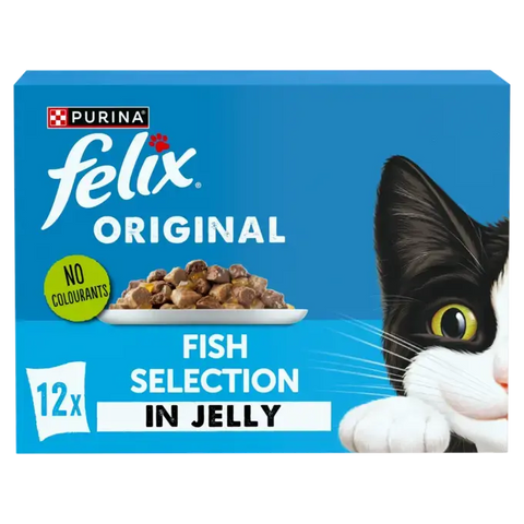 Box of Purina Felix Original Fish Selection in Jelly cat food with a cat illustration on a blue background