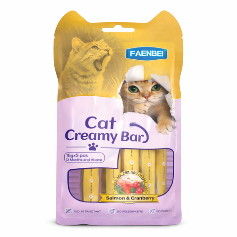 Packaging of Cat Creamy Bar with a cat on the front, featuring the brand 'Faenbei'.