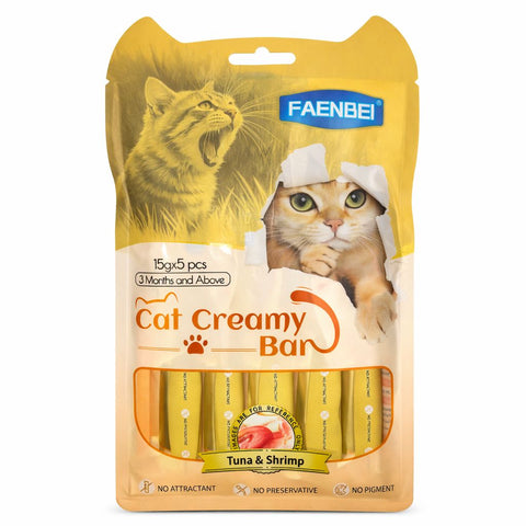Packaging of Faenbei Cat Creamy Bar with images of cats and product details on a white background