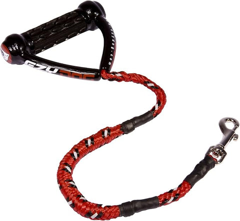 Dog leash with red and black braided design on a white background