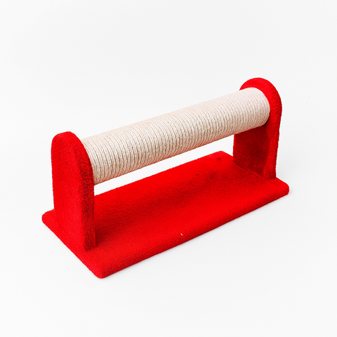 Red cat scratcher with a cylindrical sisal core on a white background