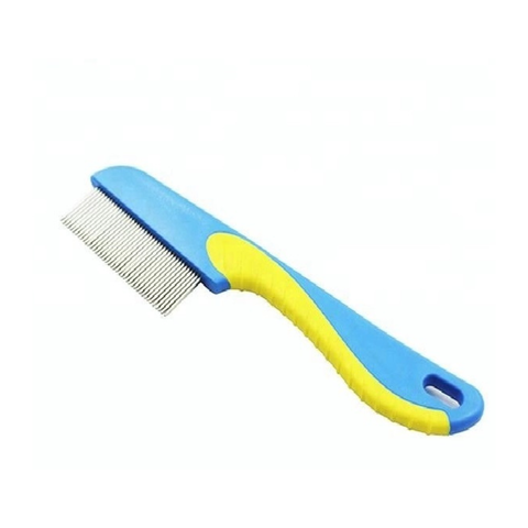 Pet grooming comb with blue handle and yellow grip on a white background