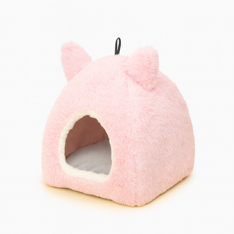Pink pet house with a white interior on a light gray background