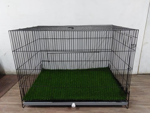 Pet cage with green bedding on a wooden floor