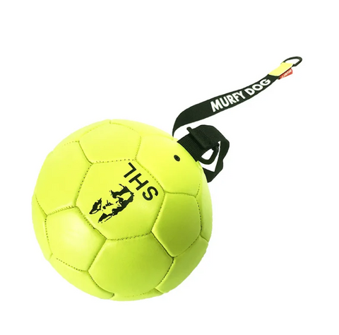 Yellow ball with a leash attached, branded 'MURFY DOG' on a white background