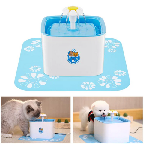 Pet water fountain with a blue mat on a white background, featuring a cat and dog using it.