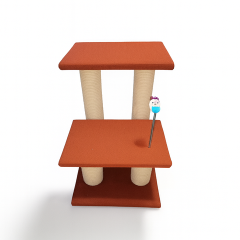 Cat tree with two orange platforms and a scratching post on a white background