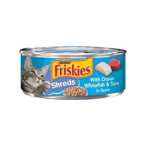 Can of Friskies Shreds cat food with ocean whitefish and tuna on a white background