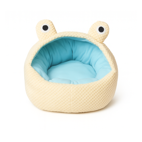 Frog-shaped pet bed with a blue interior on a white background
