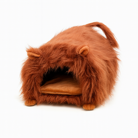 Brown plush pet bed shaped like a lion on a white background