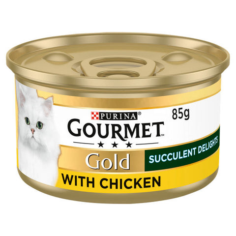 Purina Gourmet Gold cat food can with chicken on a white background