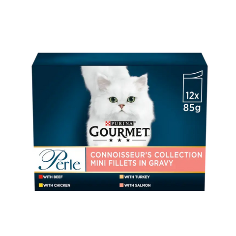 Purina Gourmet cat food packaging with a white cat on a blue background