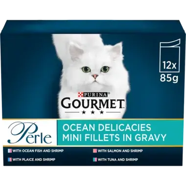 Gourmet Perle cat food packaging with a white cat on a blue background