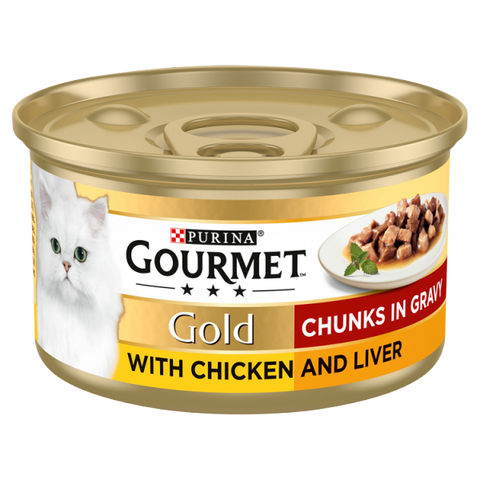 Can of Purina Gourmet Gold cat food with chicken and liver chunks on a white background